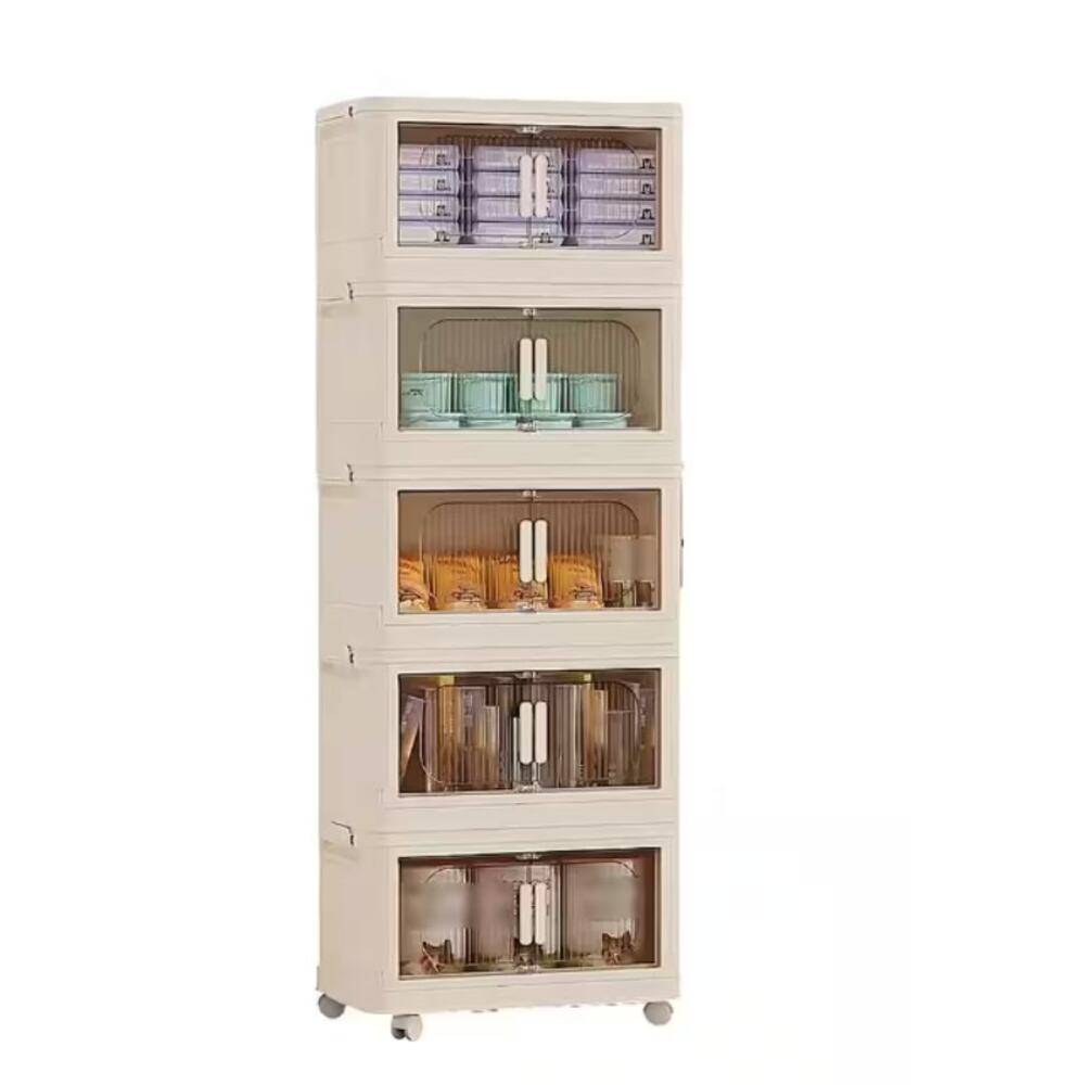 50" Ivory Plastic Folding Storage Cabinet on Wheels 5-tier with Magnetic Doors